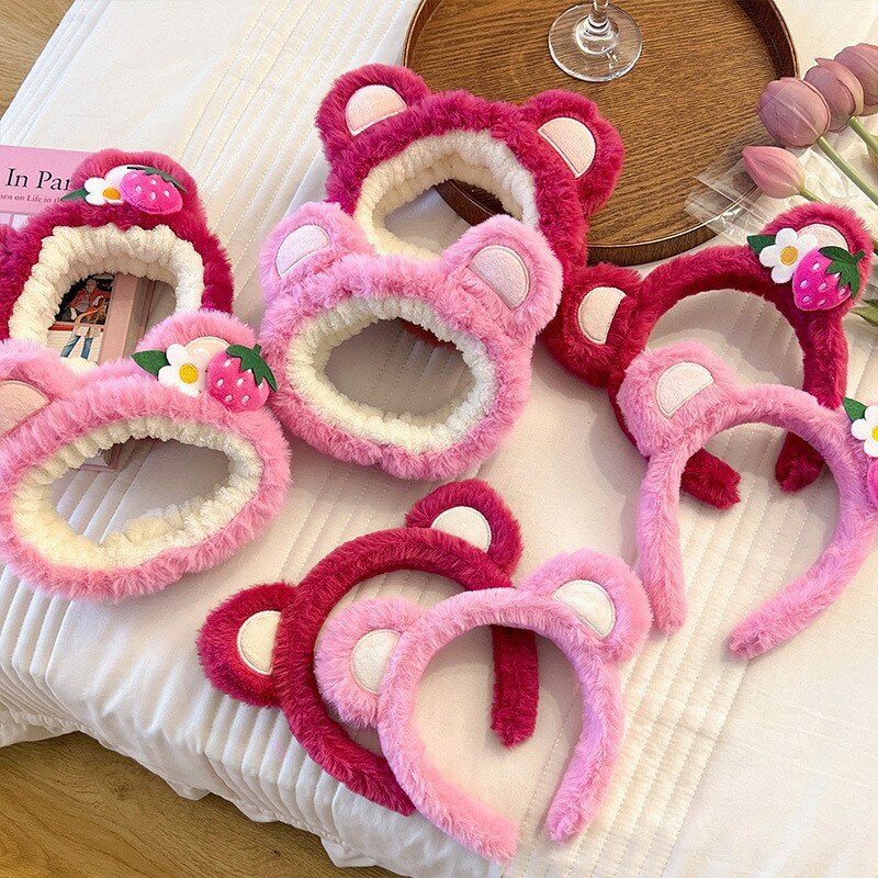 Süße rosa Erdbeer bär Stirnband Plüsch Gesicht waschen Haarband gepresstes Haar Anti-Rutsch-Stirnband für Frauen Haar Reifen Haar Accessoires