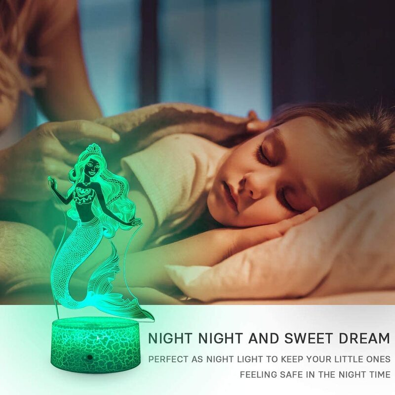 인어 3D 램프 야간 조명 스마트 터치 원격 16 색 변경 밝기 조절 인어 선물, 여아 어린이