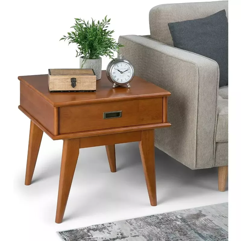 SIMPLIHOME Draper Solid Hardwood 22 inch wide Rectangle End Side Table in Teak Brown with Storage, 1 Drawer