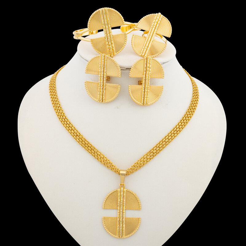 18k anting warna emas dan kalung Bangle Cincin Set Perhiasan untuk wanita pesta pernikahan klip anting manset cincin perhiasan