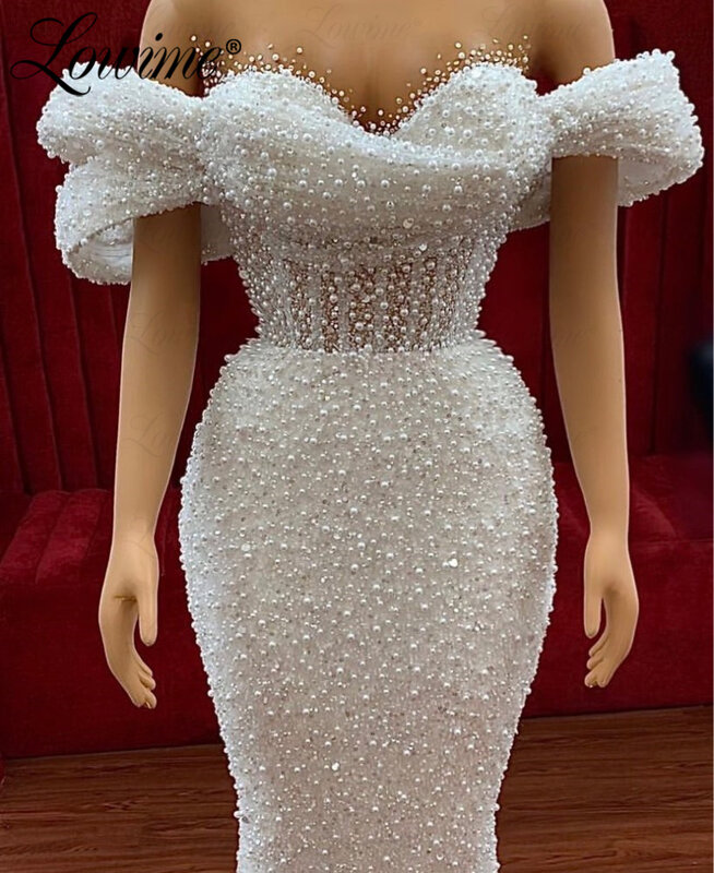 Full Pearls Mermaid Party Dresses Customized Arabic Short Sleeves Evening Gowns 2023 Elegant Ivory Long Beaded Sequin Prom Dress