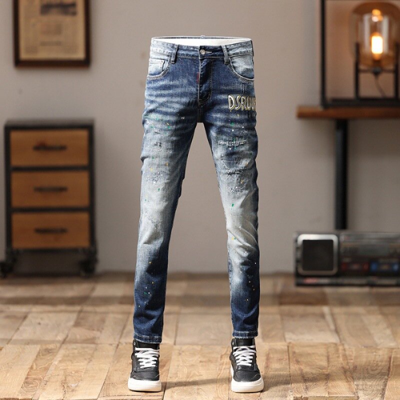 Jeans retrô nostálgico rasgado masculino, Design bordado, Casual, Combinador, Slim Fit, Skinny, Rua, Calças de motocicleta, Moda