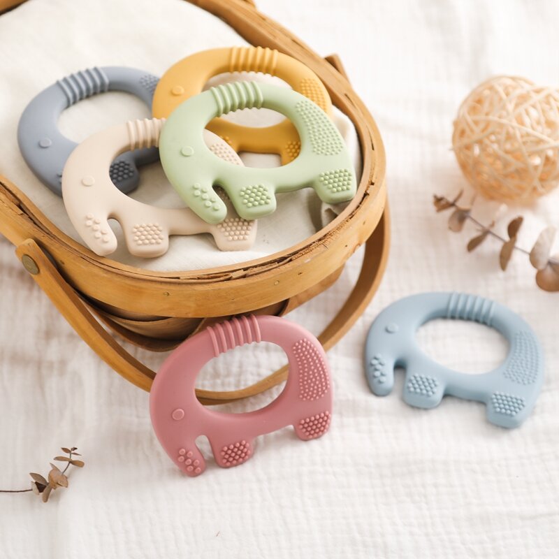 1PC Food Grade Baby Silicone Teether Elephant Shape Wooden Ring Teething Toys BPA Free Infant Chewing Nursing Teething Gifts Toy