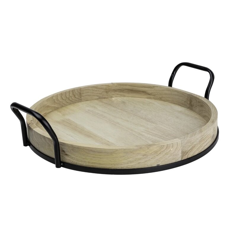 17-inch Round Light Wood and Metal Tray