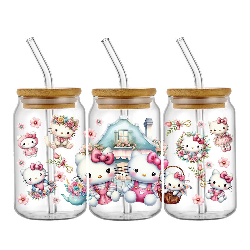 Sanrio Hello Kitty Coffee Can Glass Wrap, Ponto com amigos para Libbey, 3D impermeável, UV DTF, 16oz