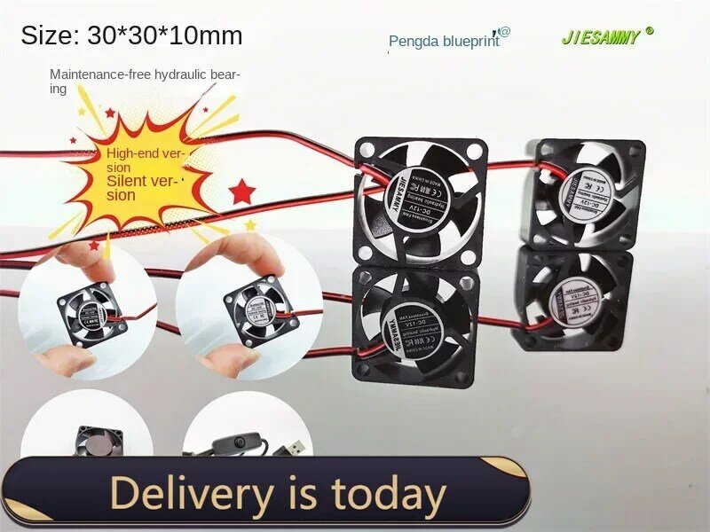 JIESAMMY-Mini Ventilador de Refrigeração Hidráulico, 3010, Alta Velocidade, Silenciosa, 24V, 12V, 5V, 3cm, USB, 30x30x10mm
