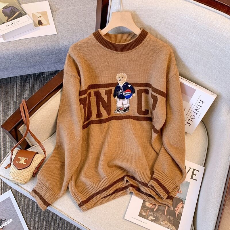 Fashionable Foreign Style Round Neck Ladies Pullover Sweater Autumn Winter New Cartoon Pattern Large Size Knitted Tops