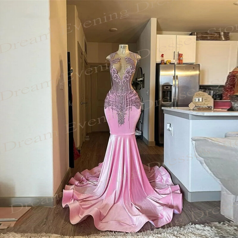 모던 클래식 인어 절묘한 핑크 이브닝 드레스, 민소매 레이스 아플리케, 무도회 가운, 심플한 O넥