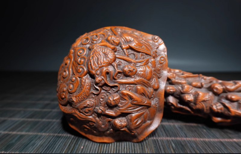 Ruyi tallado en madera, decoración de objetos antiguos, complejo, madera maciza