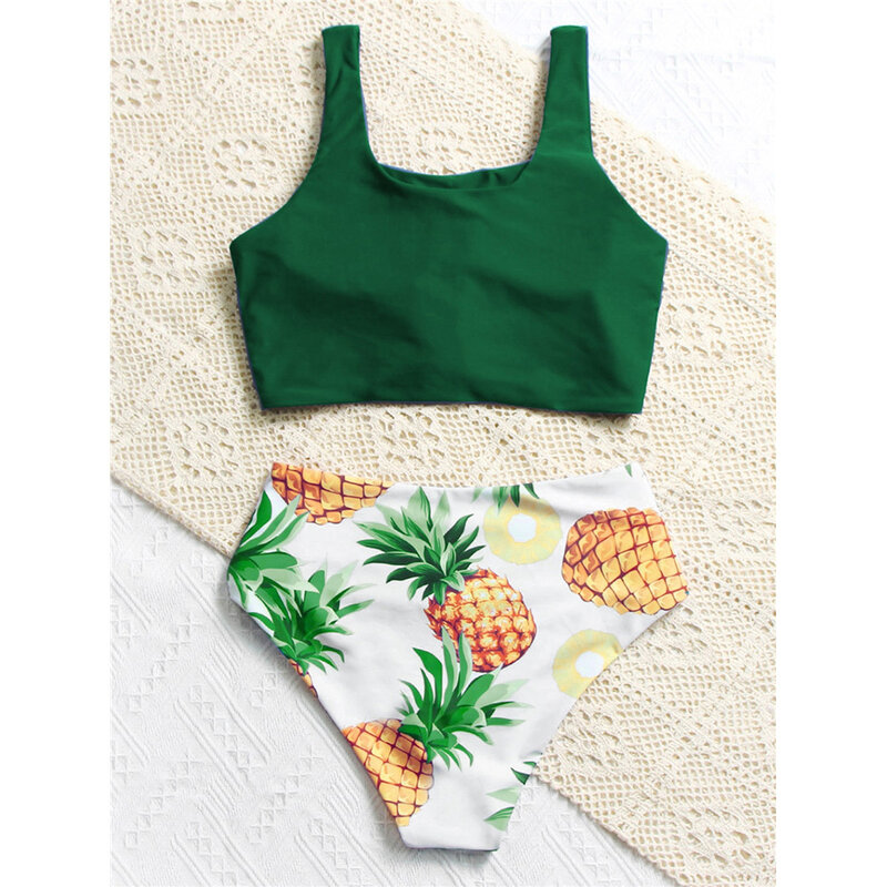 Bikini de cintura alta con estampado de piña para mujer, traje de baño de dos piezas anudado, ropa de playa, piscina, 2024