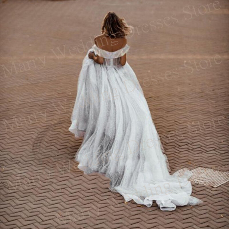 Красивое ТРАПЕЦИЕВИДНОЕ свадебное платье принцессы блестящие тюлевые платья с открытыми плечами для невесты современное милое платье с открытой спиной для торжественных случаев