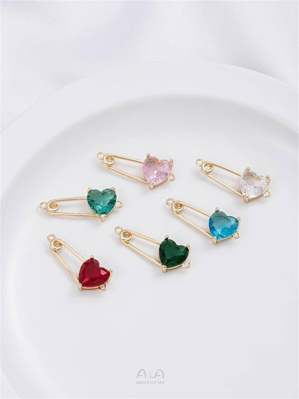 Peach Cristal em forma de coração Zircon Pins, Double Hanging, Handmade Pulseiras DIY, colares, brincos Acessórios, Ouro 14K Vermetic Peach