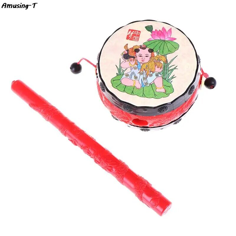 Sonajero tradicional chino de dibujos animados para niños, tambor giratorio divertido, campana de mano, juguetes musicales, instrumento Musical, juguete educativo, 1 unidad