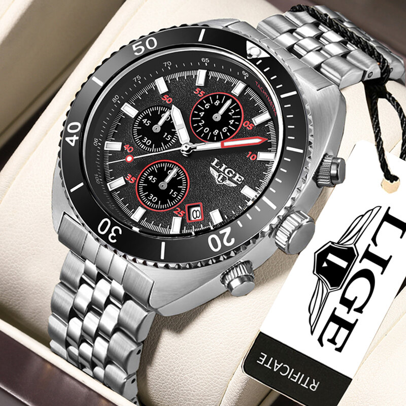 LIGE-Relógio de pulso esportivo original masculino, quartzo, aço completo, impermeável, relógio de luxo, grandes relógios, 2023