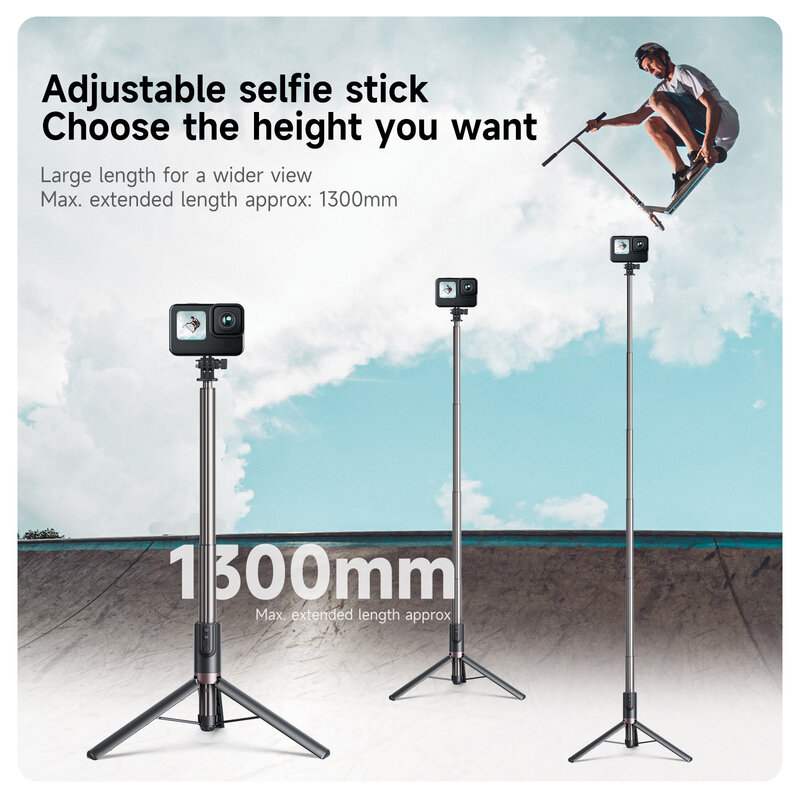 TELESIN-Vlog Selfie Stick Tripé, apto para GoPro Hero, Insta 360, câmera de ação DJI, smartphone com controle remoto sem fio Bluetooth, 1,3 m