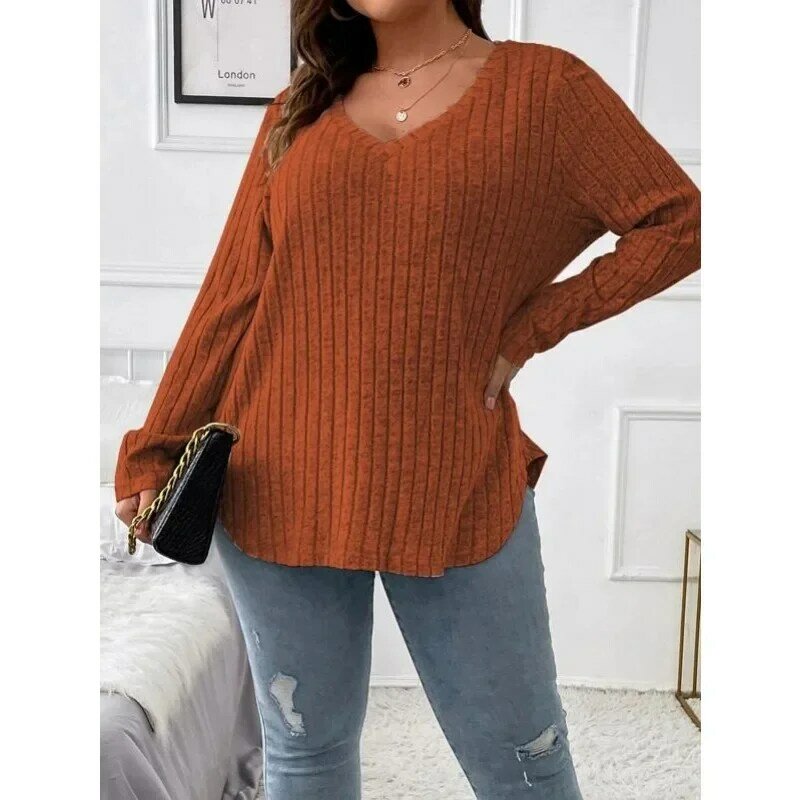 Autumn and Winter Women's New Blouse Eleganct Solid Sexy Femme V-neck Long Sleeve Loose Pullover Striped T-shirt Office Ladies