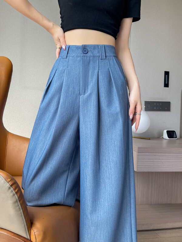 Summer Soft High Waist Slim Straight Casual Female Wide Leg Pants New Basic Office Ladies Fashion Solid Color Loose Women Pants