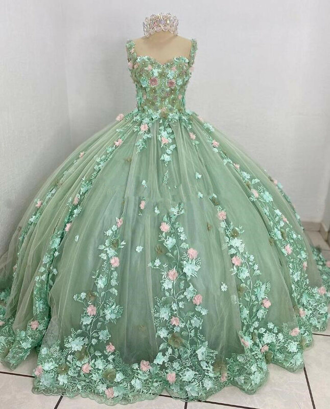 Vestido Verde Sage Princess Quinceanera Dresses with Sleeves Floral 3D Applique Leave vestidos de 15 años Prom Lace Up
