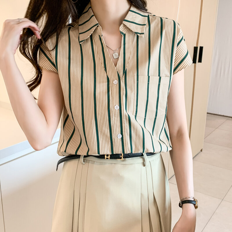 Miiiix Hong Kong Style Casual Striped Shirt 2024 Summer New Women's Polo Collar Short Sleeved Chiffon Top Female Clothing