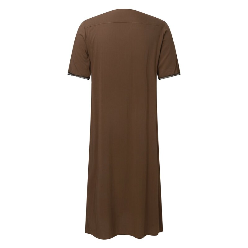 Summer Muslim Men Jubba Thobe Solid Color Kimono Middle Robe Saudi Musulman Shirt Stand Collar Islamic Arabic Kaftan Men Robes