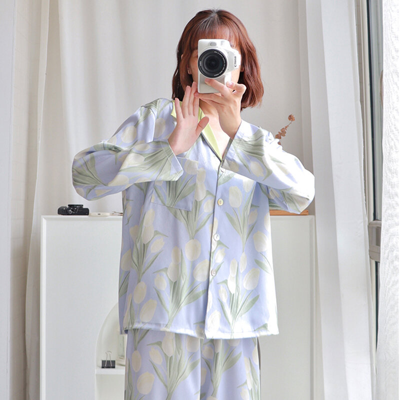 Pijama de seda gelo feminino, moda feminina solta, calças de manga comprida, moda casual, luxo, 2 peças