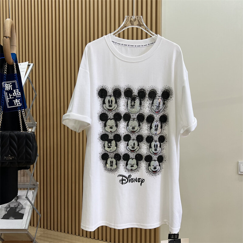 Potdemiel Diamond Drills Sweet T-shirt Short Sleeved Summer O-Neck Plaid Cartoon Printed Mid-Length Loose Kawaii Tshirts Clothes