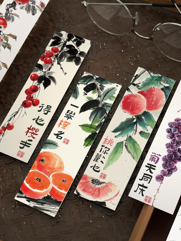 30pcs Lucky Bookmarks with Chinese Feng Shui Fruit Homophonic Blessing Words Decorative Reading Books Notebook Mark Cards