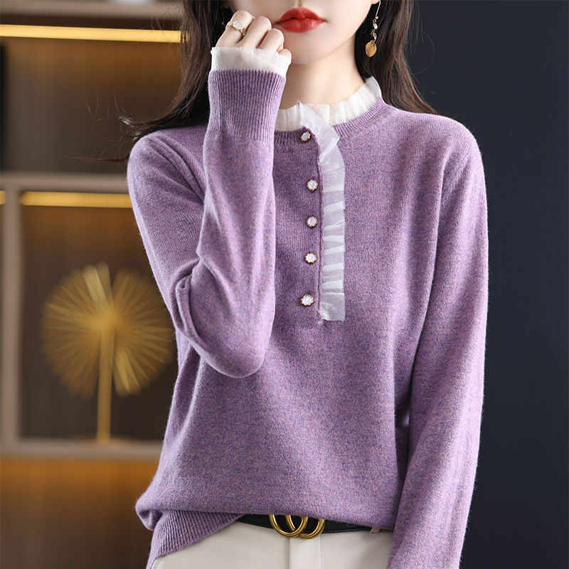 Fashion Ruffles Button Knitted Spliced Lace Blouse Women Clothing 2022 Autumn New Loose Casual Pullovers All-match Sweet Shirt