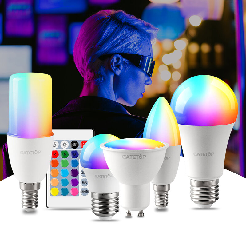 Lâmpada smart led rgb spotlight, lâmpada de decoração para casa, controle remoto, rgbw, e27, e14, gu10, b22, ac110, ac 220v, 6w, 10w