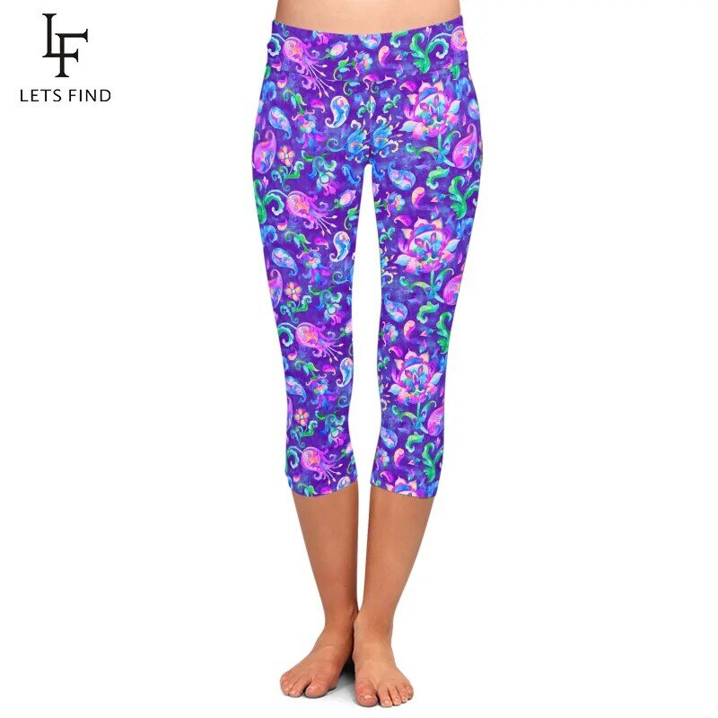 Letsfind verão nova moda paisley aquarela estampa floral feminino capri leggings de cintura alta magro leggings de fitness