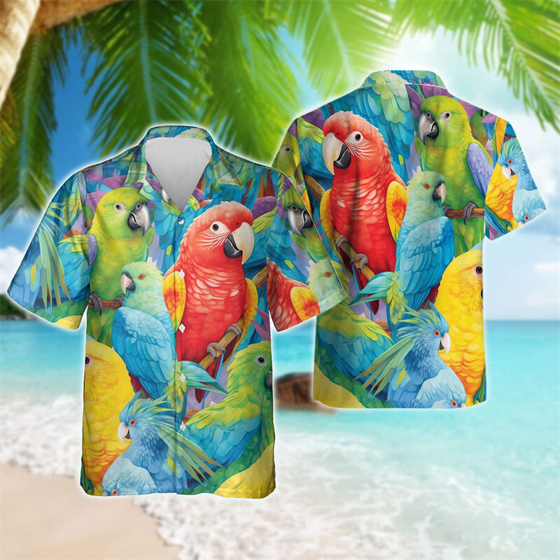 الرجال الاستوائية الببغاء 3D المطبوعة قميص الشاطئ ، هاواي زهرة الحيوان القمصان ، عطلة طية صدر السترة بلوزة ، قمم الطيور
