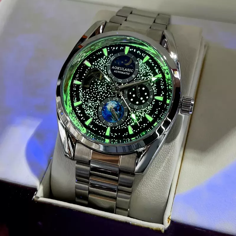 AOKULASIC Men's Luminous Automatic Watches Fashion Casual Mechanical Moon Phase Wristwatches Man Sport Waterproof Business Watch