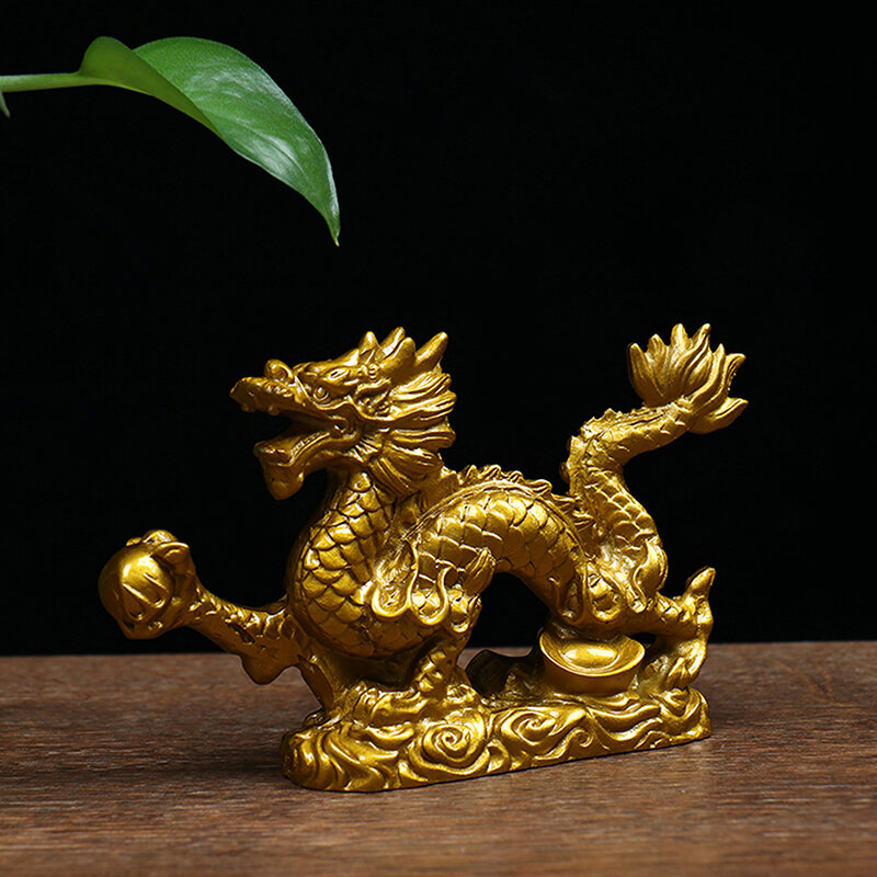 Estátua do Zodíaco Chinês do Dragão da Boa Sorte, Dragão Dourado, Animais Escultura, Estatuetas, Desktop Decoração
