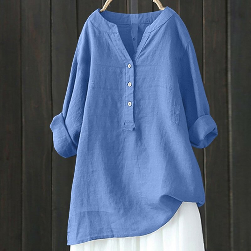 Blusa holgada informal de lino y algodón para mujer, camisa de manga larga, Estilo Vintage, talla grande 5XL, para primavera y verano, 2024