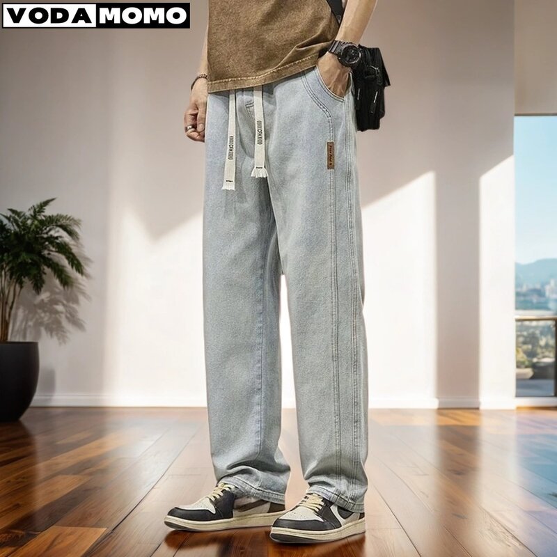 Эластичные прямые джинсы, мужские джинсовые брюки с широкими штанинами, повседневные брюки, спортивная одежда в Корейском стиле, брюки, мужская одежда