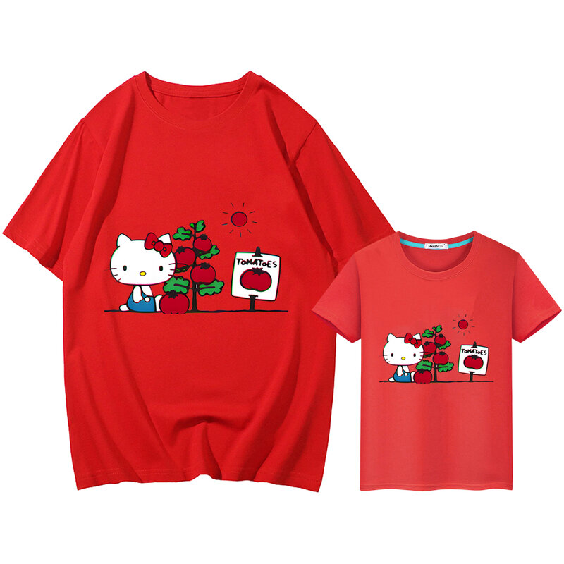 Camiseta con estampado de hello kitty para niños y niñas, ropa a juego para mamá e hija, 100% algodón, Tops cortos de Anime, regalo para niños y2k