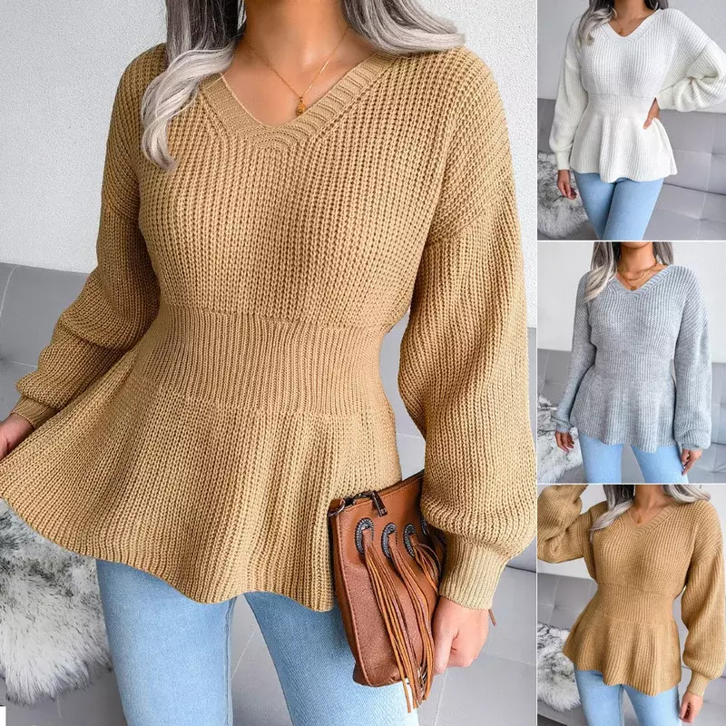 V-neck Women's Sweater Autumn and Winter Warmth Pullover Lantern Sleeves Waist Hem Ruffled Fashion Casual Knitted Sweater Top
