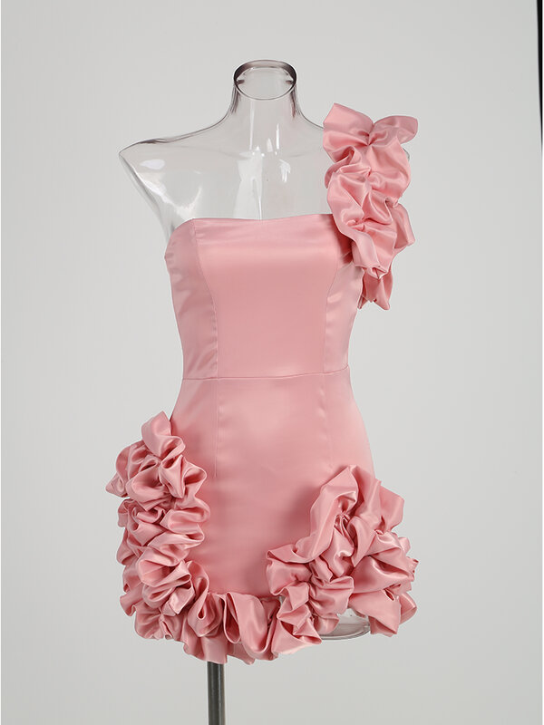Pink Satin Ruffle Party Dresses for Women Evening Gowns 2024 Spring New Luxury Elegant Women's Dress Fashion Mini Woman Clothes