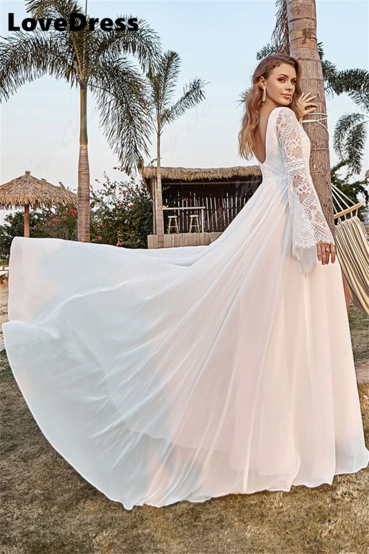 LoveDress-elegantes vestidos de noiva com gola V para mulheres, linha A, mangas compridas simples, alta divisão, vestidos de noiva sem costas, 2023