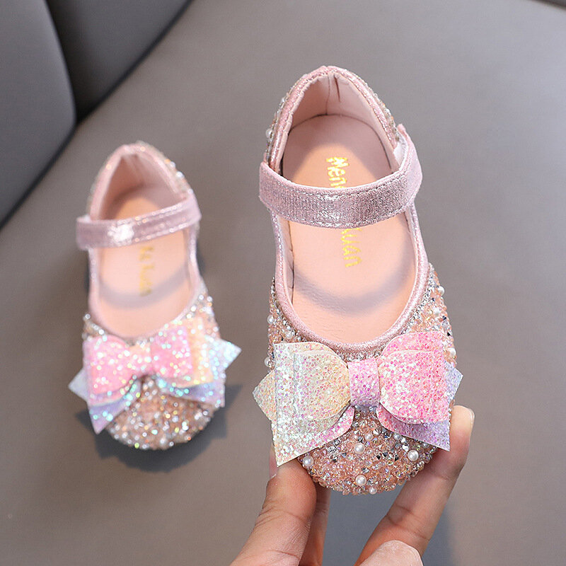 Children's Sequins Leather Shoes 2024 Spring Girls Bow Rhinestone Princess Shoes Kids Pearl Soft Bottom Flat Shoes H533