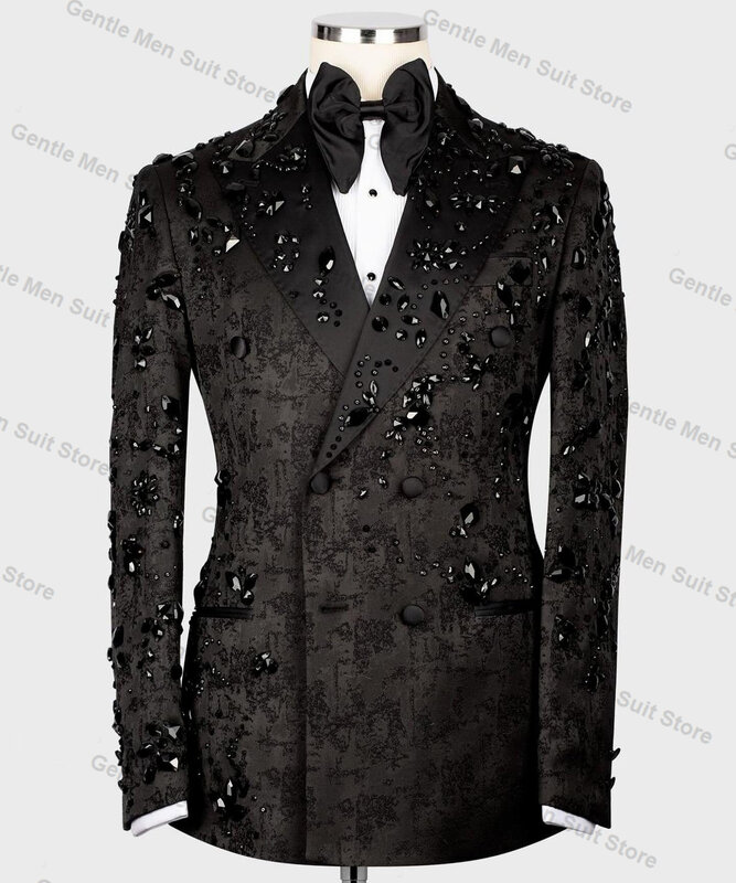 Blazer preto de cristais masculino e calças terno, smoking de casamento do noivo, sob medida, jaqueta formal de escritório, roupa de baile, primavera, 2 peças