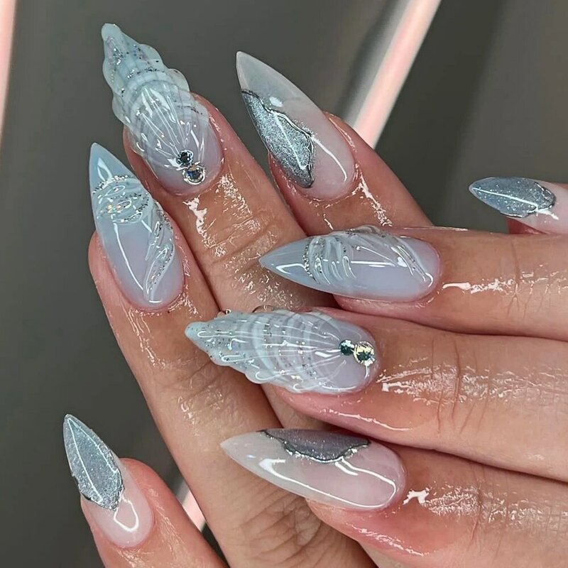 Rhinestone Butterfly Silver Bowknot Blue French Almond Shape False Nails Detachable Finished Fake Nails Press on Nails with Glue
