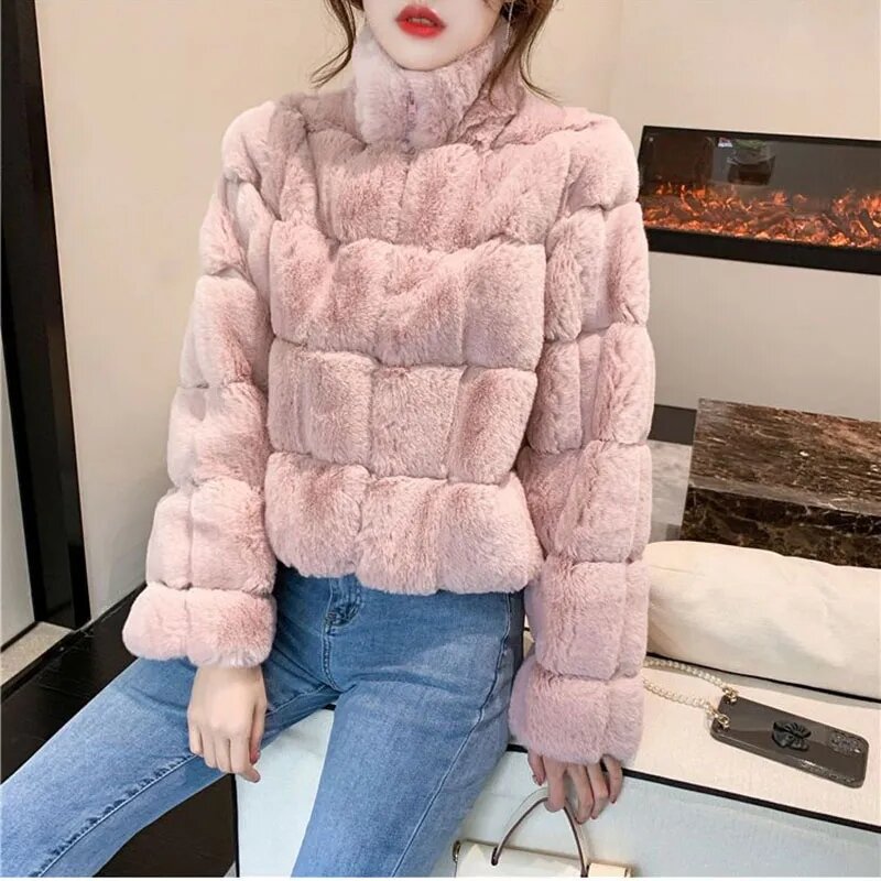 Fashion Women's Short Coat Mink Fur-like Warm Outwear Ladies Solid  Loose Wild Rabbit Fur Coat Winter Casual Female