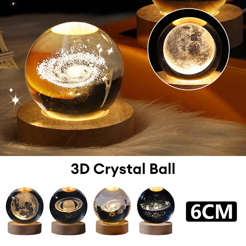USB LED 야간 조명 갤럭시 크리스탈 볼 3D 행성 달 램프, 침실 홈 장식 테이블 램프, 어린이 파티 생일 선물
