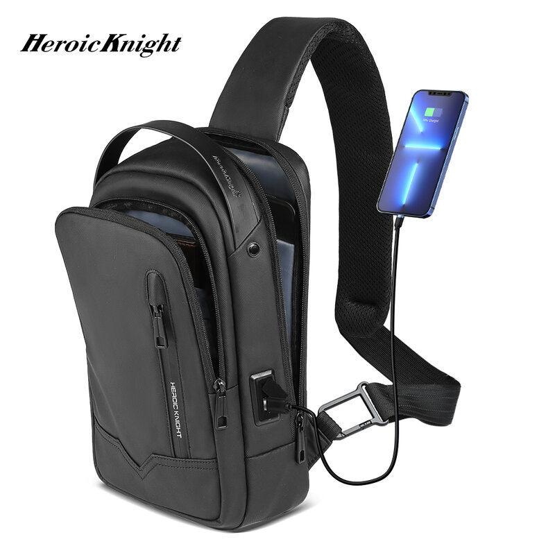 Heroic Knight-Bolsa de Peito Masculina, Impermeável, Bolsa de Ombro para iPad de 11 polegadas, Casual, Elegante, Masculino, Trabalho, Pacote de Celular com USB