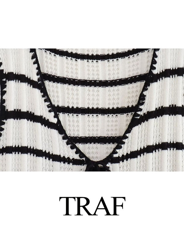 TRAF 여성 패션 투피스 세트, 블랙 앤 화이트 스트라이프, V넥 레이스업 상의 + 니트, 하이웨이스트 와이드 레그 팬츠, 여성 정장, 여름