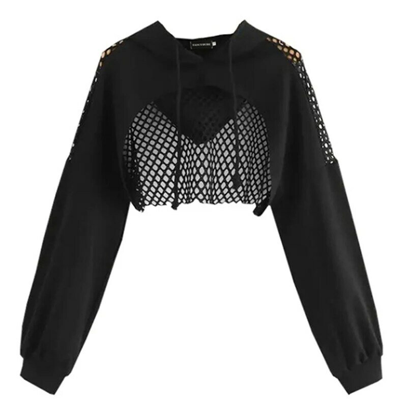 Black Hoodies For Women 2023 Hollow Out Crop Tops Mesh Patchwork Short Sweatshirt Long Sleeve Autumn Tops And Pullovers
