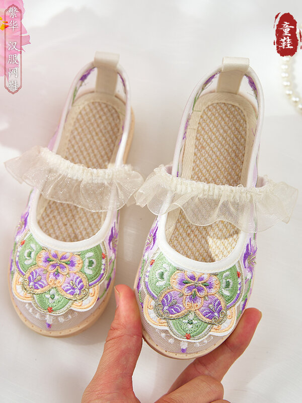 Zapatos de disfraz chino Han para niños, zapatos de monje de estilo antiguo para bebé, malla transpirable, estilo chino para niñas