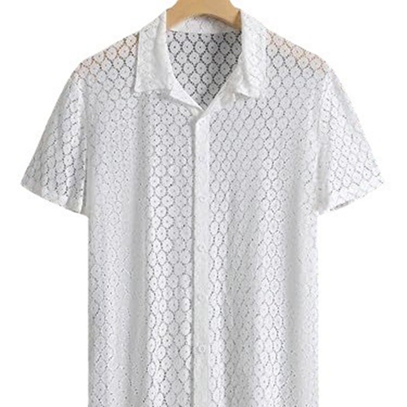 Camisa de encaje con solapa exterior, camisa Sexy de poliéster de manga corta, malla ahuecada blanca Simple bordada para playa