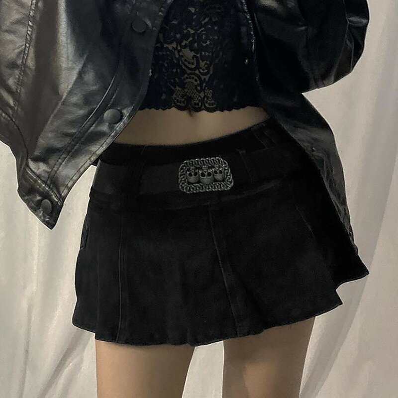Goth Black Micro Skirts Low Rise Pocket Patchwork A Line Skirt Vintage Harajuku Streetwear Style Y2K Mini Half Body Skirts